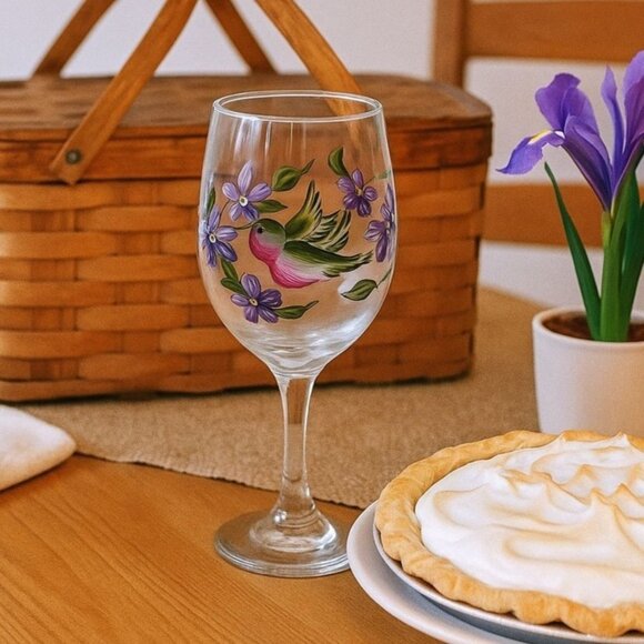 Hand Painted Hummingbird Wine Glass Artistic Purple Violets Stemware Bird Gift - Picture 1 of 14